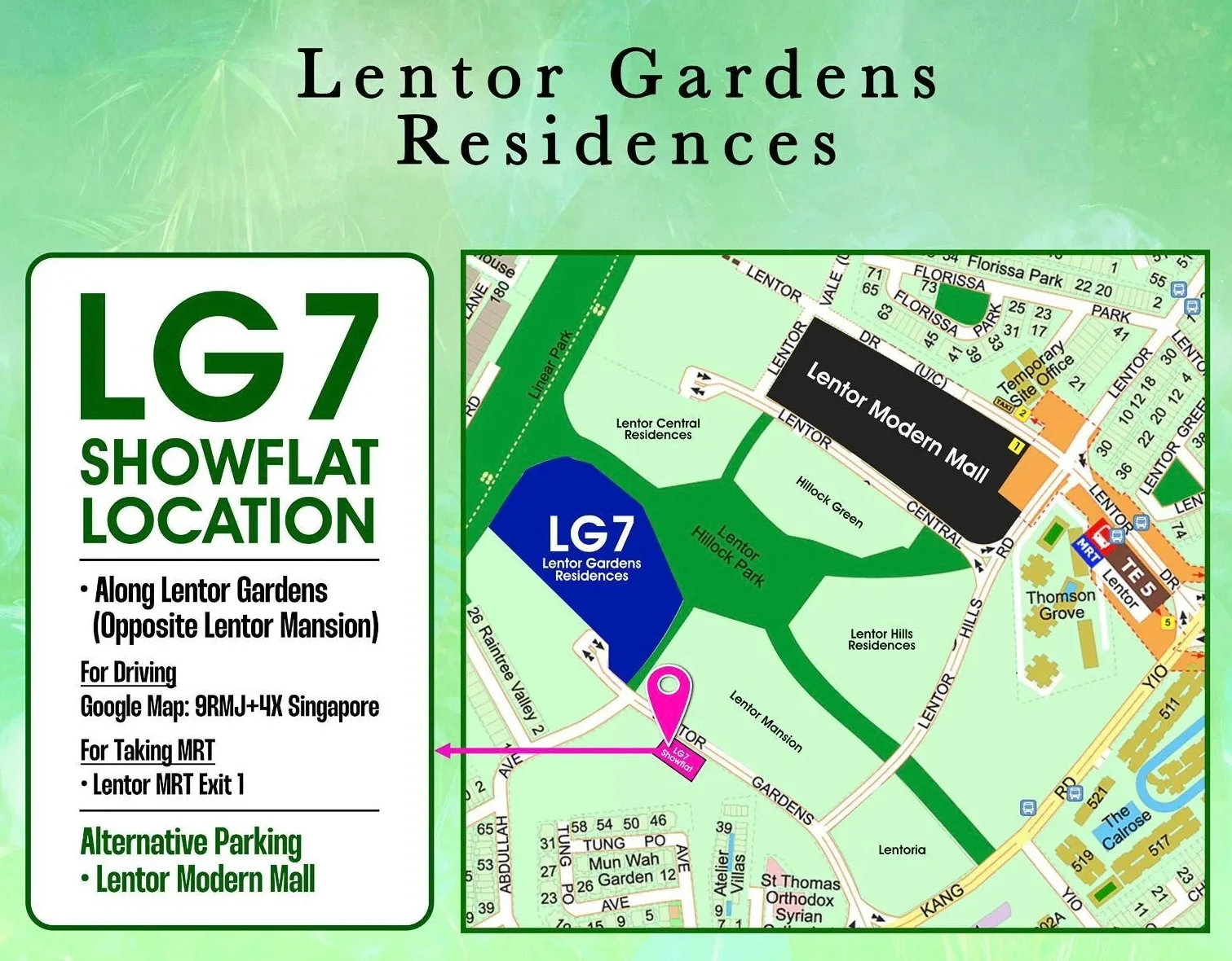 Map showing Lentor Gardens Residences, the LG7 showflat, Lentor MRT and Lentor Modern Mall