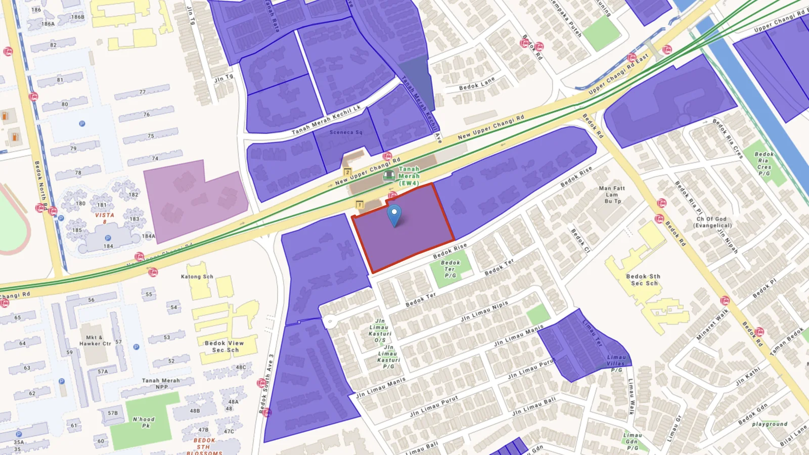 The Bedok Rise land sale site, outlined in red in the Bedok housing estate