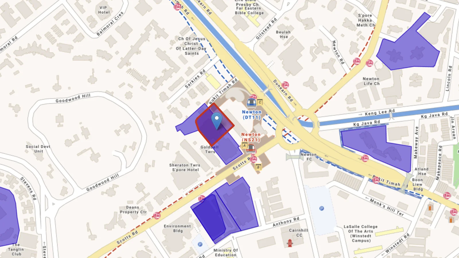 The Bukit Timah Road land sale site, outlined in red beside Newton MRT station