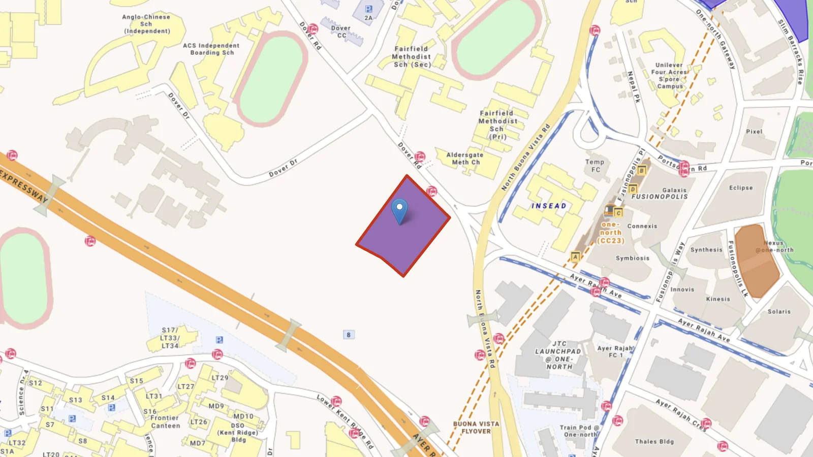 The Dover Drive land sale site, outlined in red between the Ayer Rajah Expressway and one-north