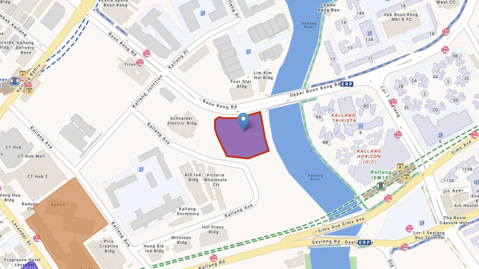 The Kallang Close land sale site, outlined in red on the bank of the Kallang River near Boon Keng