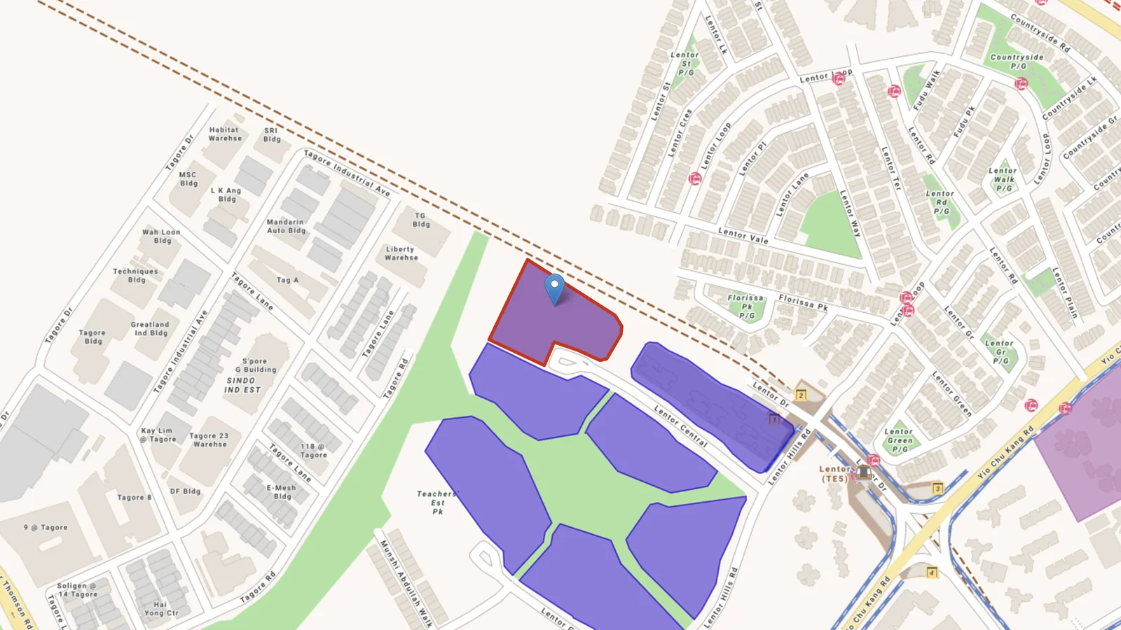 The Lentor Central land sale site, outlined in red beside the Lentor MRT station and the Lentor Hills estate