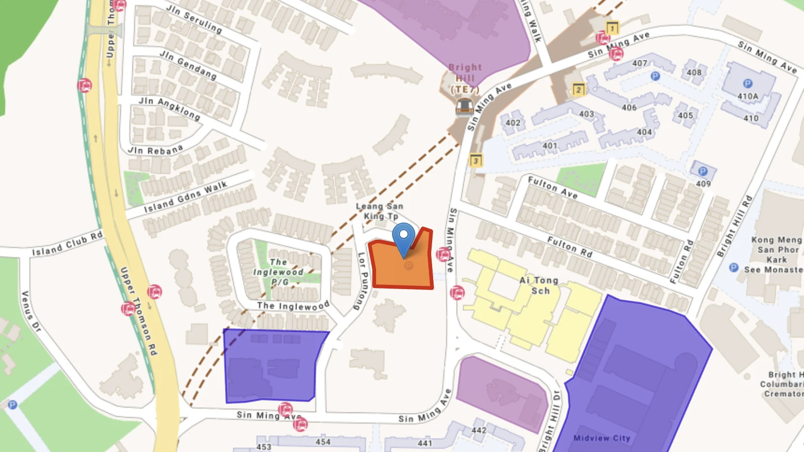 The Lorong Puntong land sale site, outlined in orange beside Ai Tong School and Bright Hill MRT