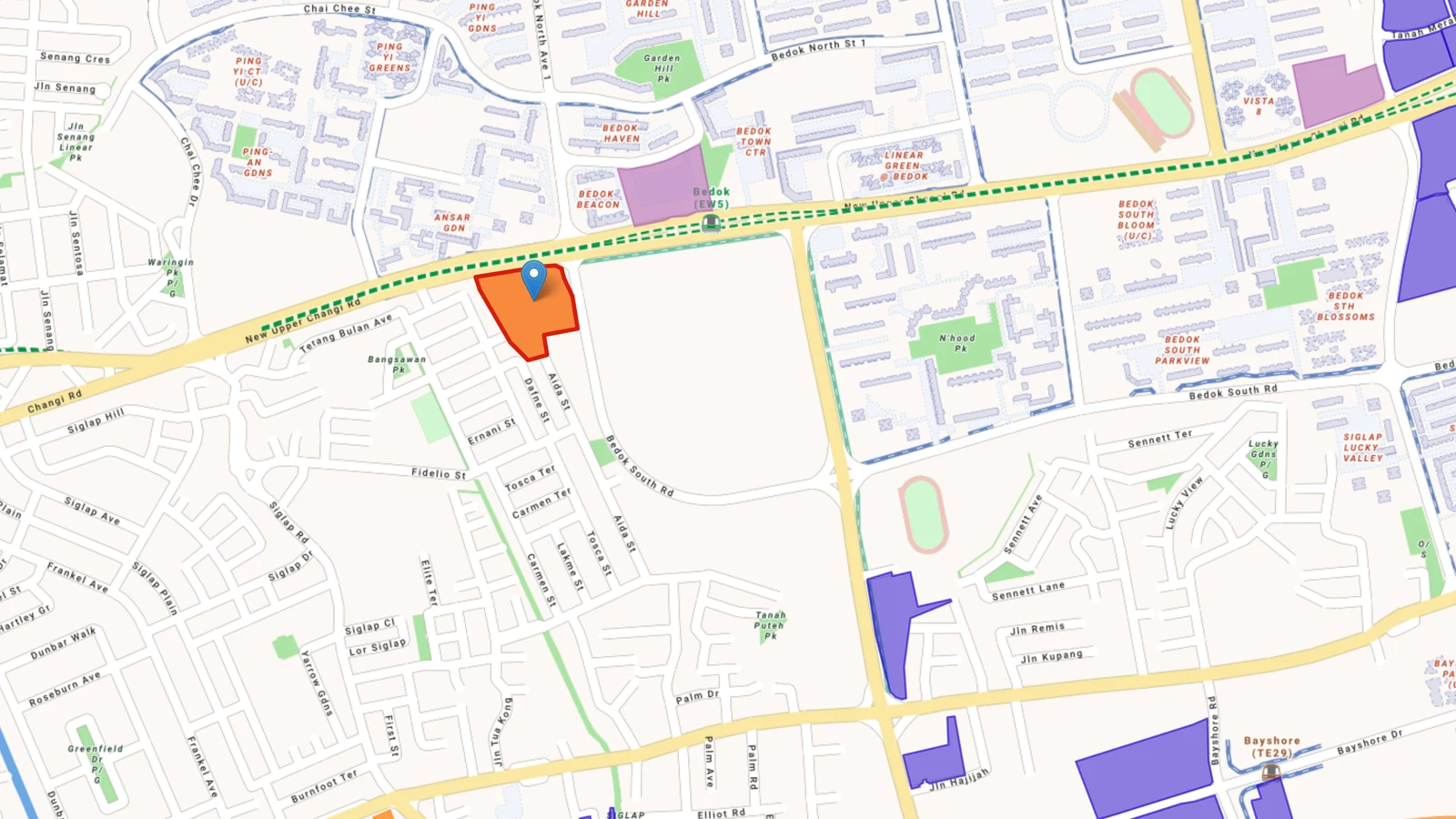 The New Upper Changi Road land sale site, outlined in orange beside Bedok MRT station