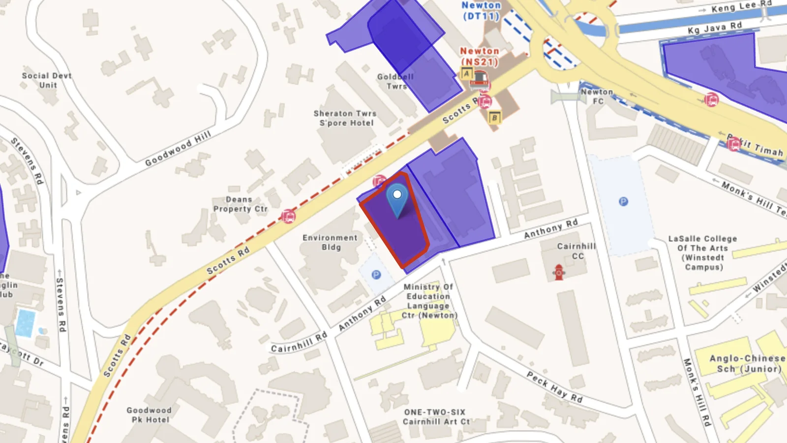The Peck Hay Road land sale site, outlined in red beside Newton MRT station