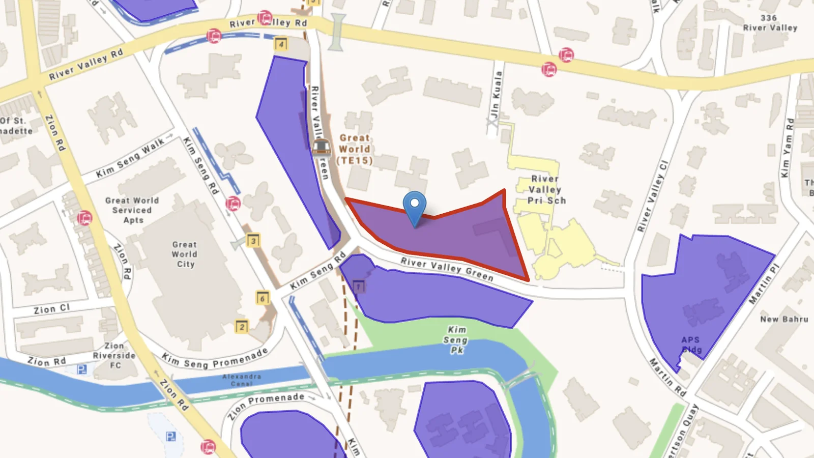 The River Valley Green (Parcel C) land sale site, outlined in red beside the Great World MRT station