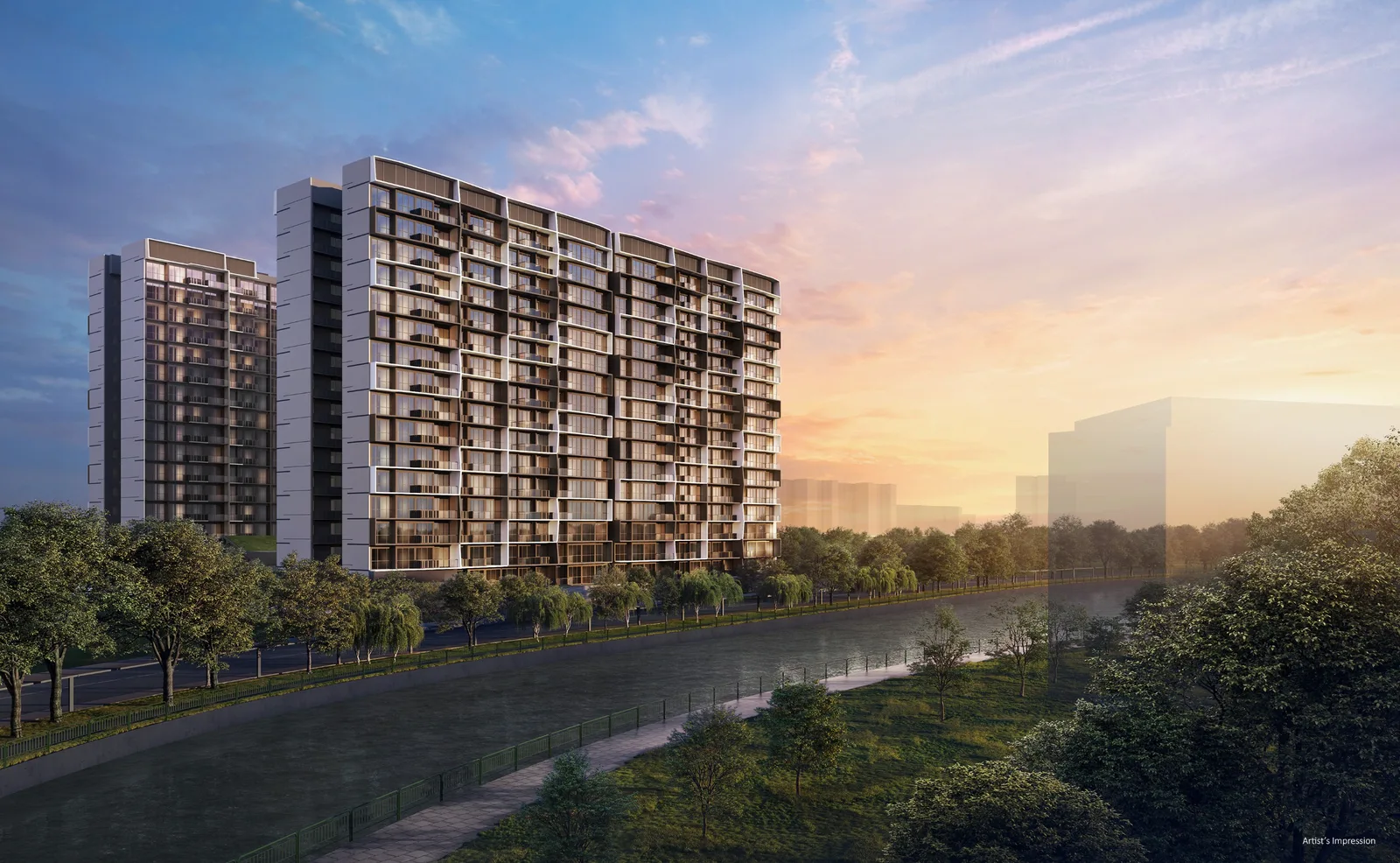 Lucerne Grand — artist's impression of the development at dusk, beside the waterway